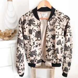 Seek The Label Women's Bomber Jacket Tan/ Pink Black Floral Embroidered Size S